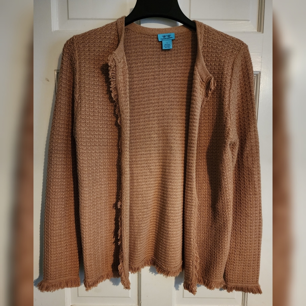 Two Bees Cashmere Fringe Trim Cardigan in Tan L